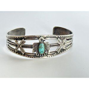 Sterling Silver Fred Harvey Turquoise Stamped Thunderbird Cuff Bracelet #127-218